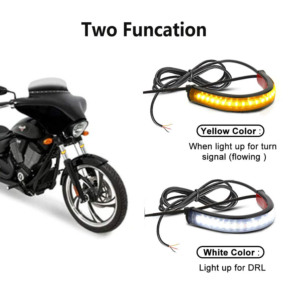 Cocsmart 2Pc Flexible Switchback Dual-Color White & Amber Motorcycle Led Fork Turn Signal Blinkers Drl Daytime Running Light Waterproof Adjustable Stips Bars Kit Universal Fit Motorbike (39Mm-70Mm)